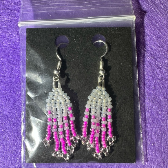 Small Pink, Silver, and Pearl Beaded Earrings New - Picture 4 of 5